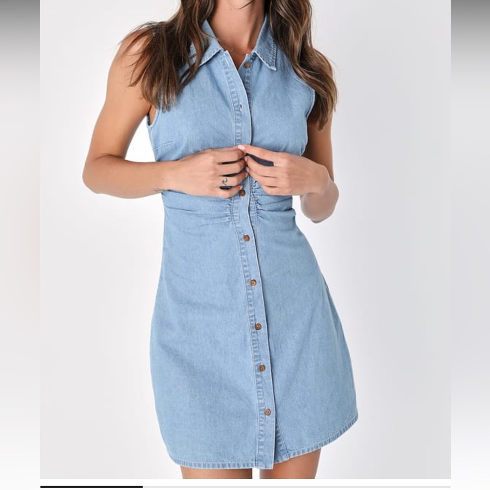 Enchanting Cutie Light Blue Chambray Button-Up Mini Dress
